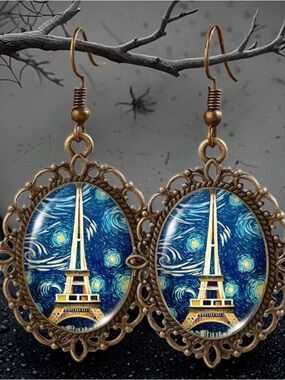 Eiffel Tower Starry Night Dangle Earrings - Blue & Gold